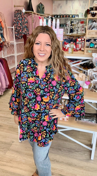 Lizzy Top - Black Colorful Scrolls