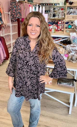 Lizzy Top - Black and Mauve Scrolls
