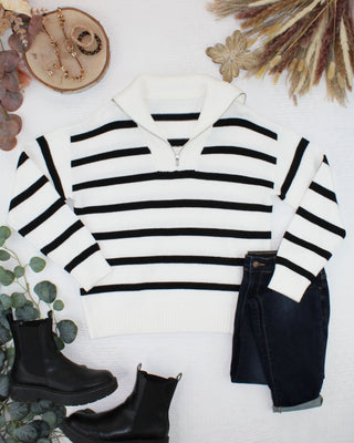 IN STOCK Quarter Zip Striped Pullover - Black and White