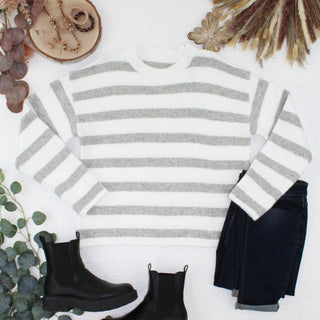 IN STOCK Cozy Stripe Sweater - Grey and White